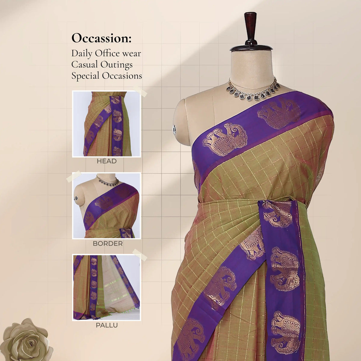 Chettinad cotton saree with checked body elephant zari border in olive and purple front draped mannequin view.