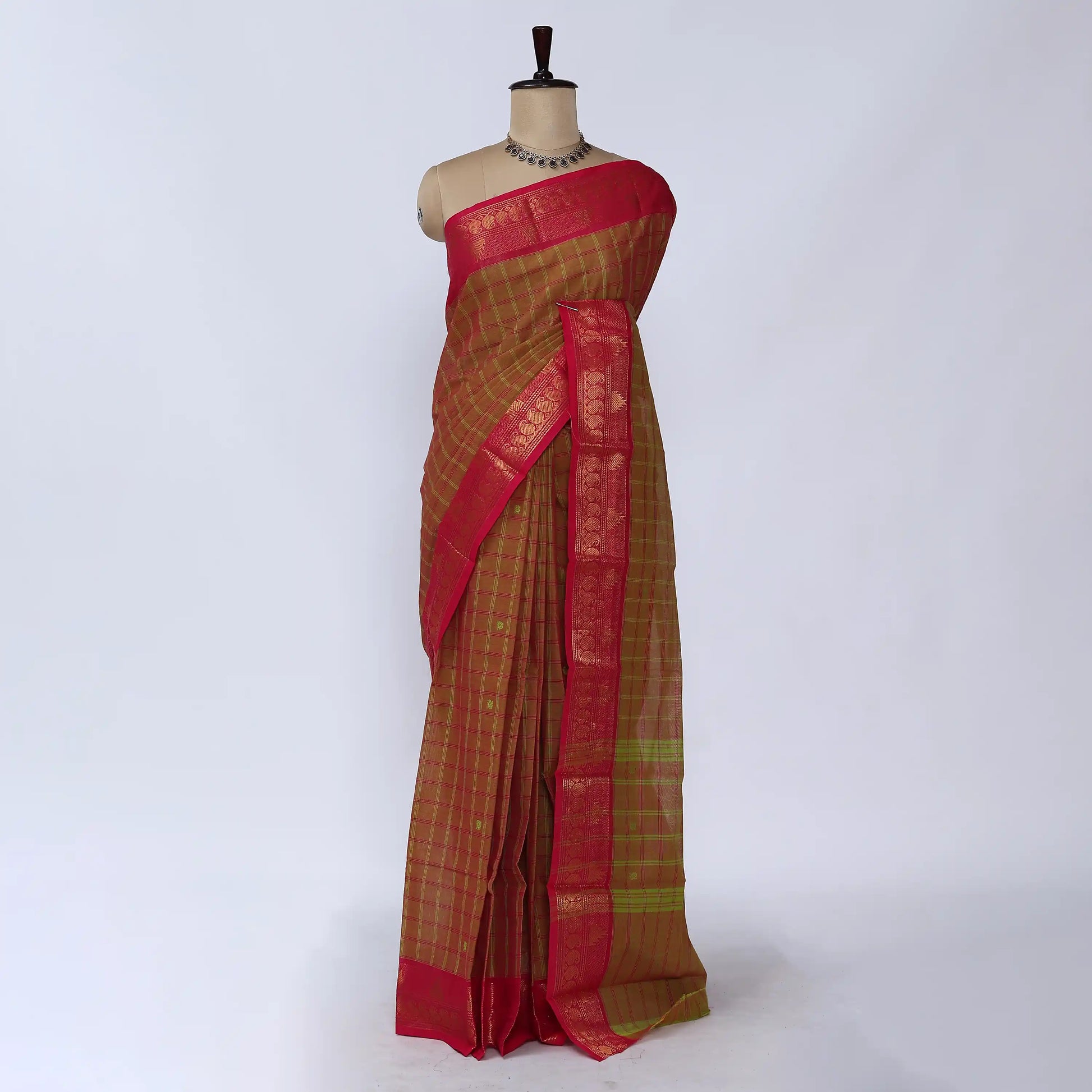 Olive Green Chettinad Cotton Sarees for Women | Office Wear Daily Wear & Special Occasion | Jeyachandran - Full View