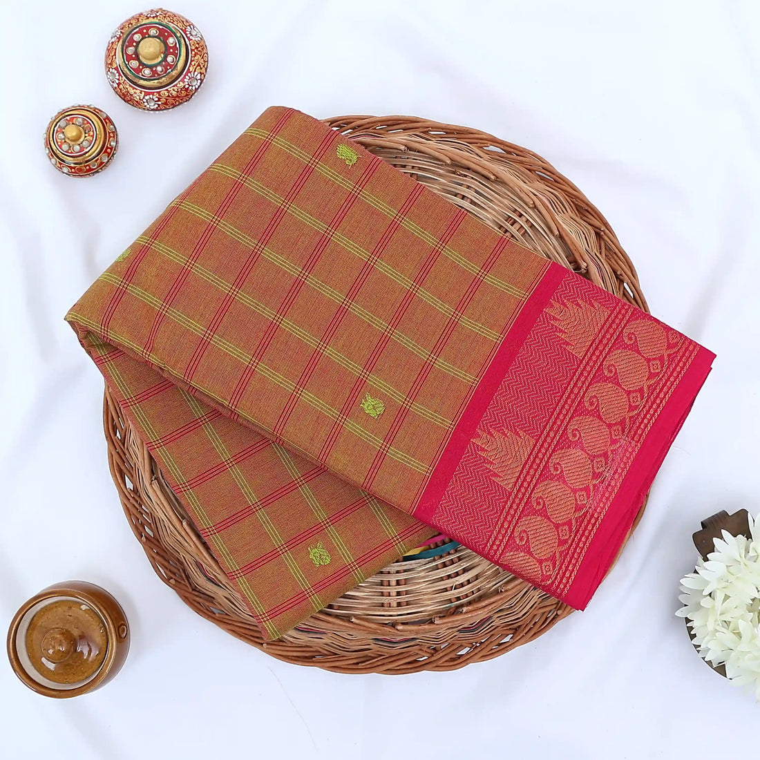 Olive Green Chettinad Cotton Sarees for Women | Office Wear Daily Wear & Special Occasion | Jeyachandran - Full View