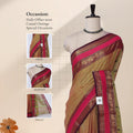 Chettinad cotton saree with checked body peacock zari woven border contrast pallu and front draped mannequin view.