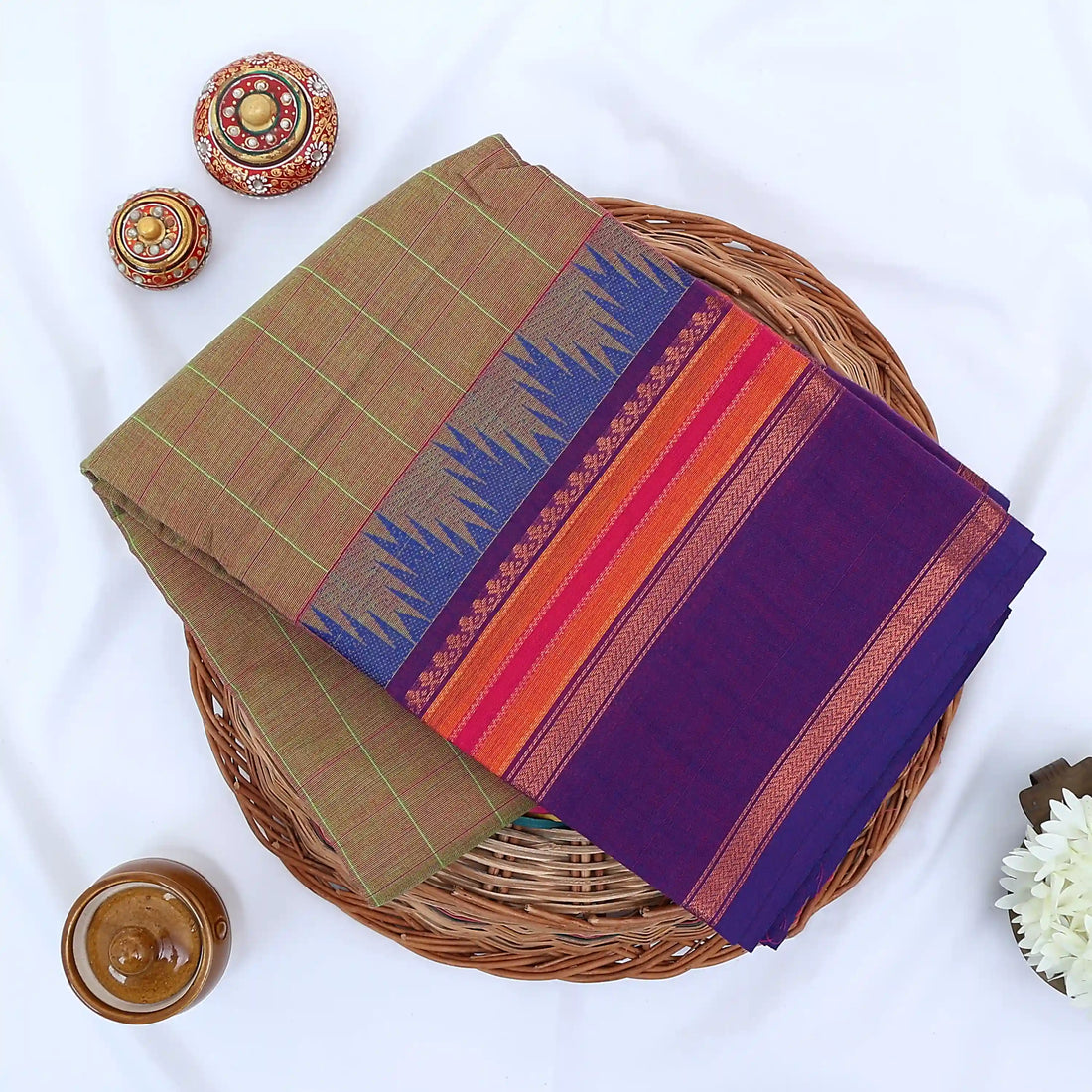 Olive Green Chettinad Cotton Sarees for Women | Office Wear Daily Wear & Special Occasion | Jeyachandran - Full View