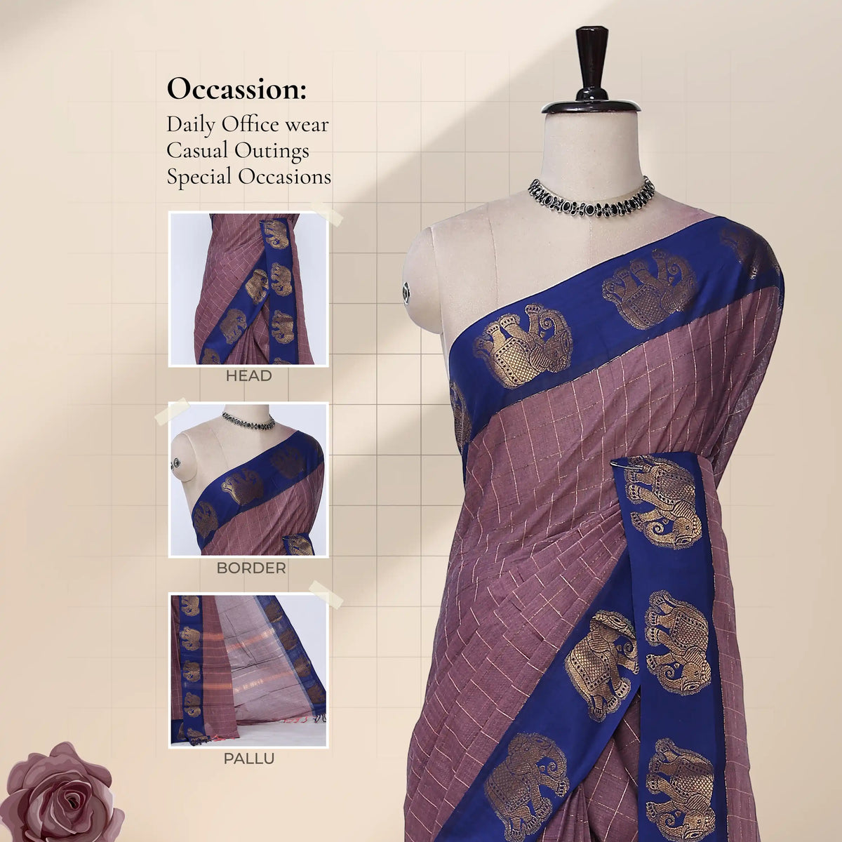 Chettinad cotton saree with checked body elephant zari border in onion pink and blue front draped mannequin view.