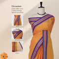 Chettinad cotton saree with multicolor temple woven border orange plain body front draped view on mannequin.
