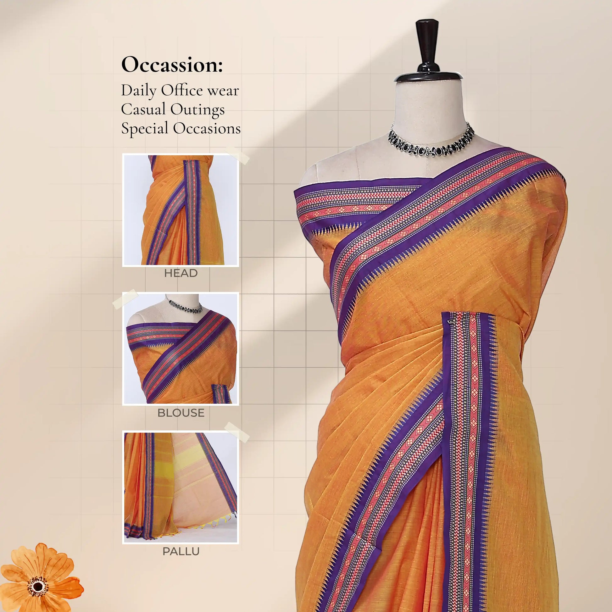 Chettinad cotton saree with multicolor temple woven border orange plain body front draped view on mannequin.