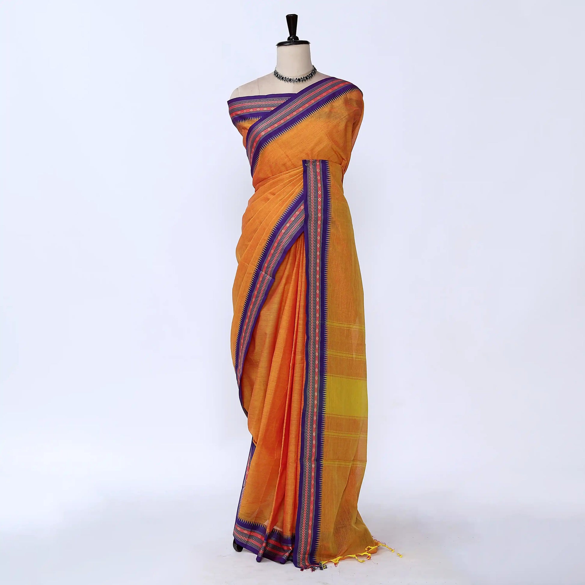 Orange Chettinad Cotton Sarees for Women | Office Wear Daily Wear & Special Occasion | Jeyachandran - Full View