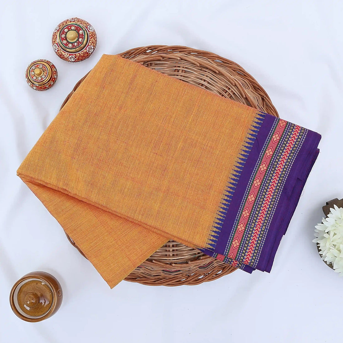 Orange Chettinad Cotton Sarees for Women | Office Wear Daily Wear & Special Occasion | Jeyachandran - Full View