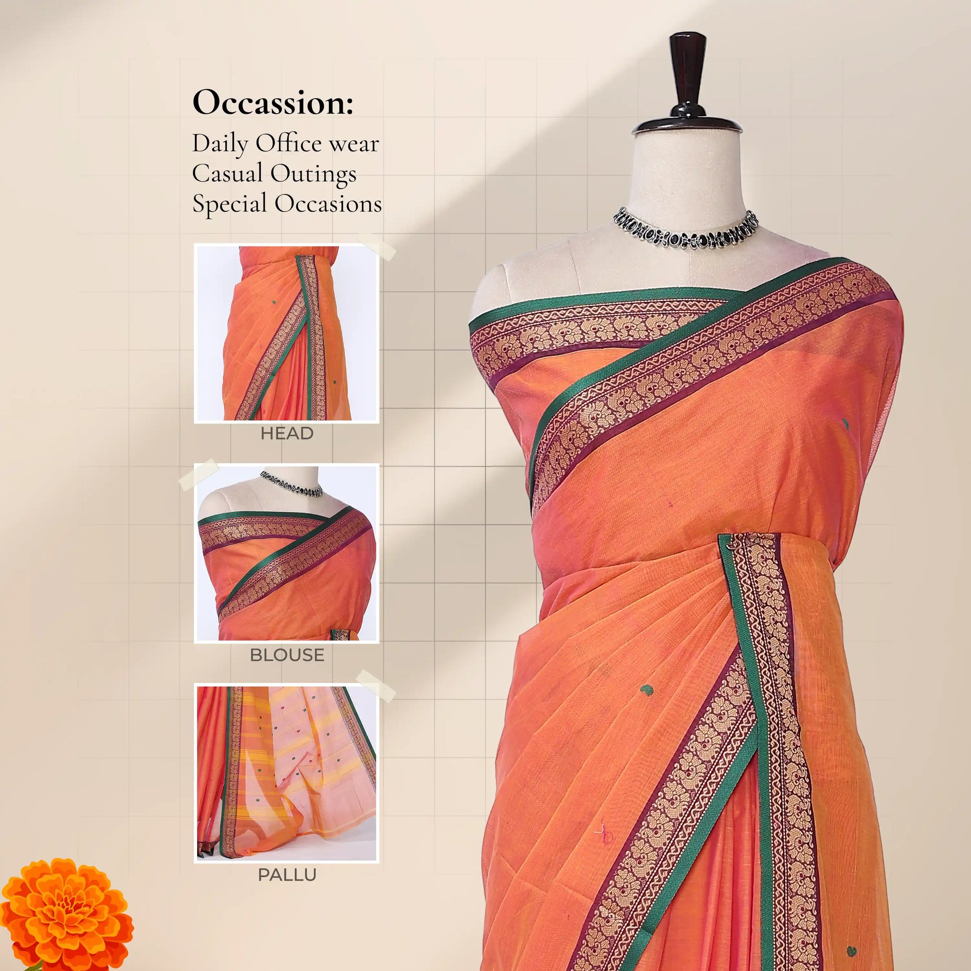 Chettinad cotton saree with orange plain body peacock zari border and butta motifs front draped view on mannequin.