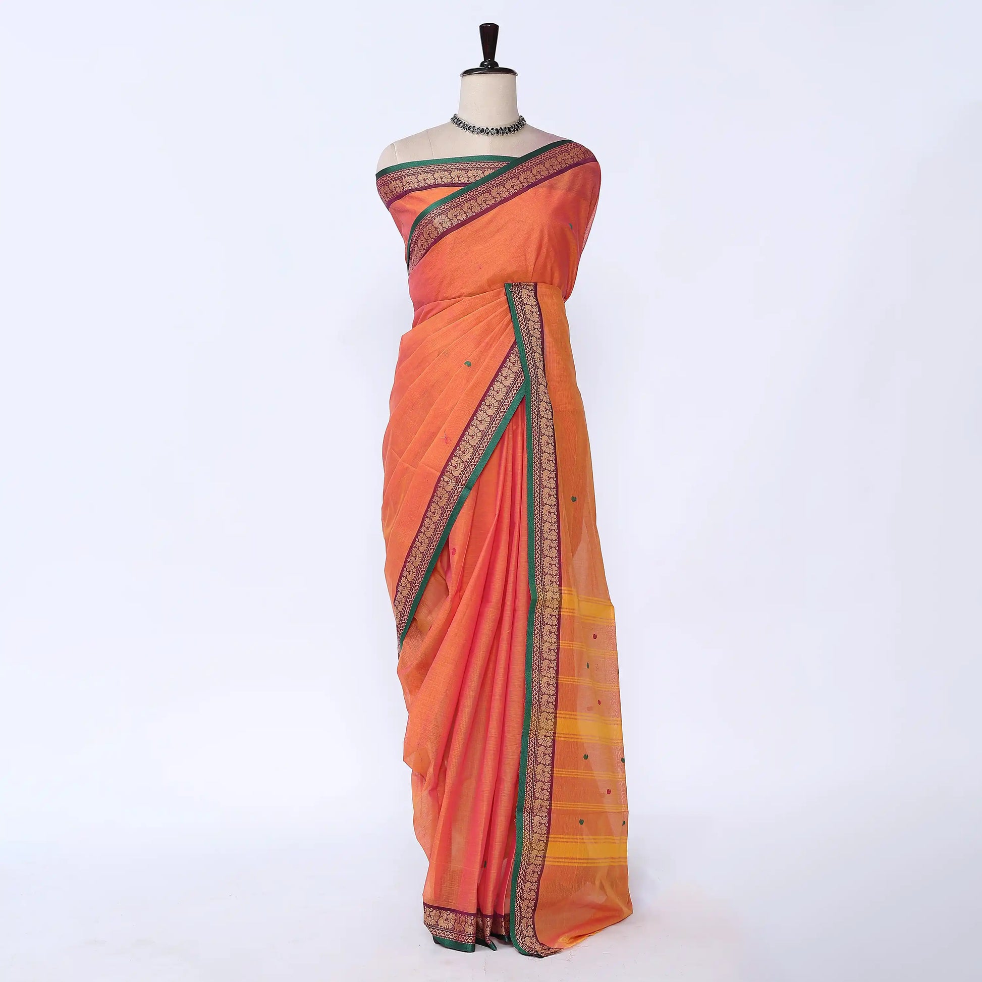 Orange Chettinad Cotton Sarees for Women | Office Wear Daily Wear & Special Occasion | Jeyachandran - Full View