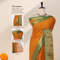 Chettinad cotton saree with orange body contrast green gold zari border and butta motifs front mannequin view