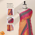 Chettinad cotton saree with striped body peacock motifs contrast zari border front draped view on mannequin