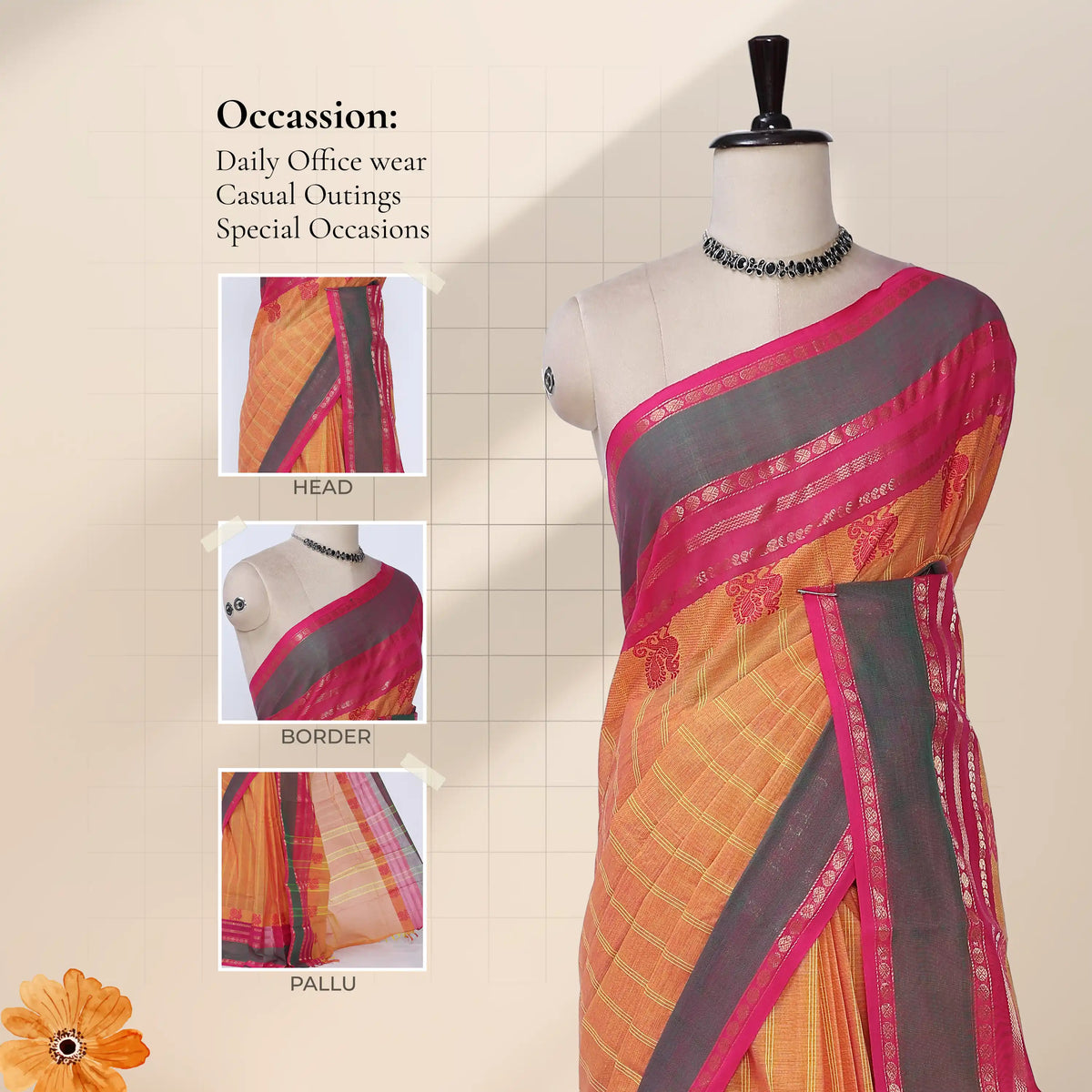 Chettinad cotton saree with striped body peacock motifs contrast zari border front draped view on mannequin