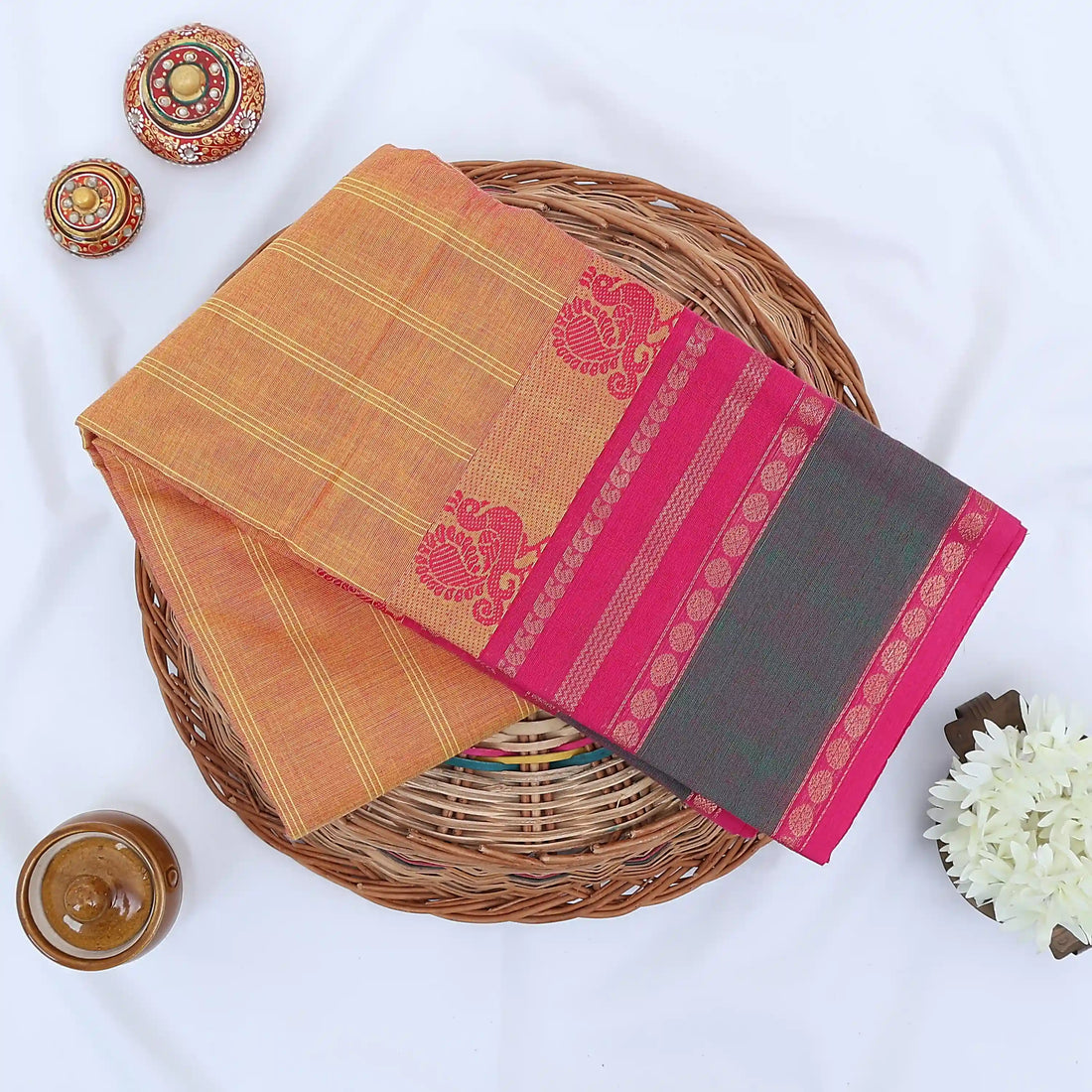 Orange Chettinad Cotton Sarees for Women | Office Wear Daily Wear & Special Occasion | Jeyachandran  - Full View - Full View