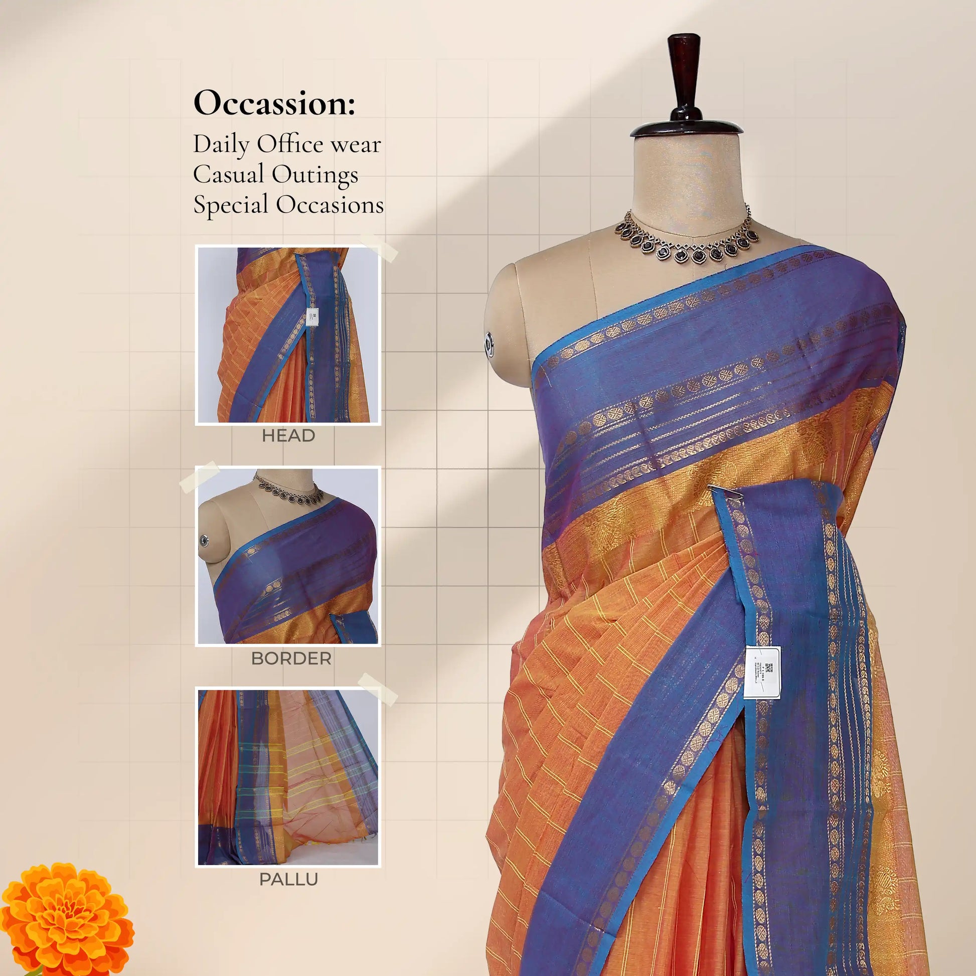 Chettinad cotton saree with zari woven border in orange and purple front draped view on mannequin