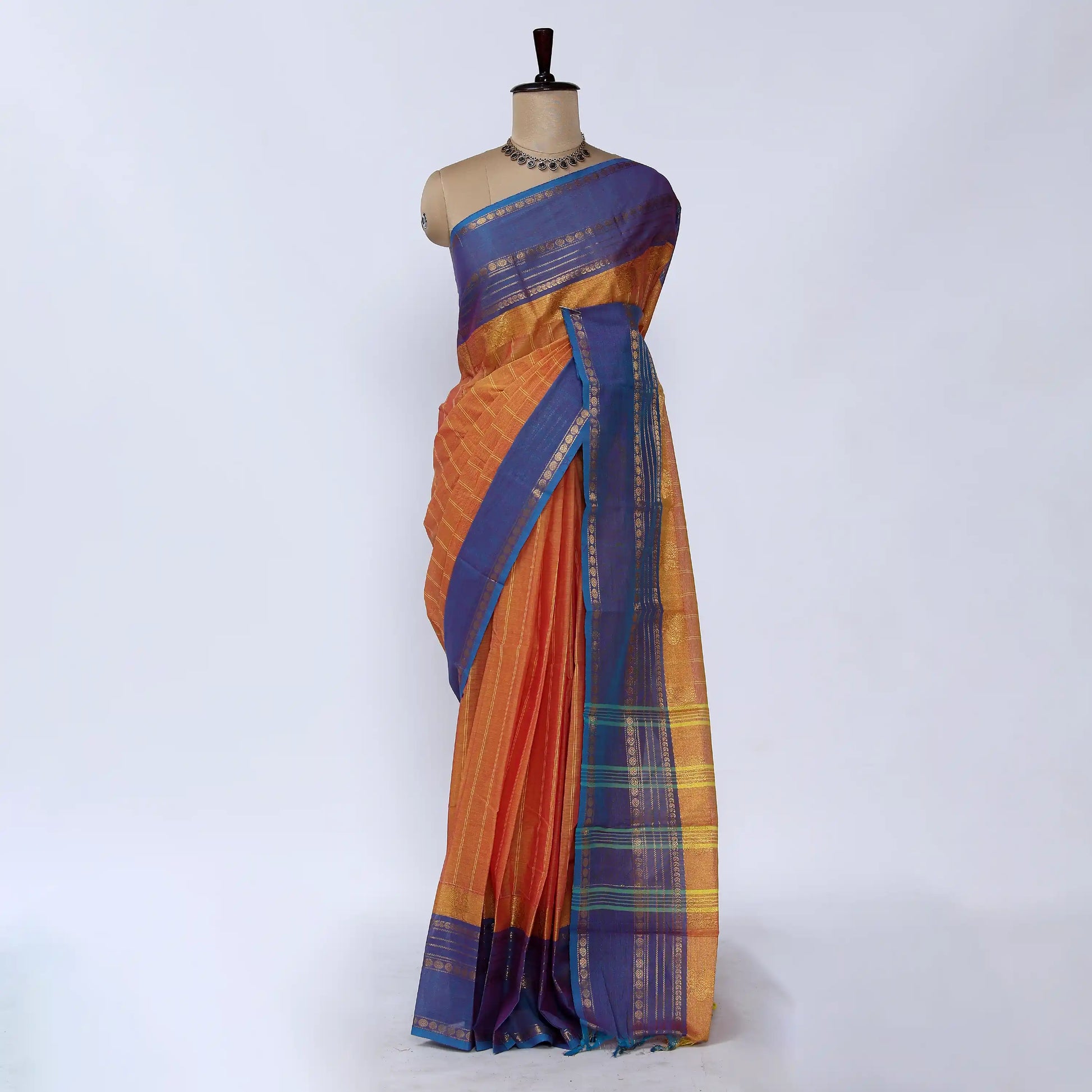 Orange Chettinad Cotton Sarees for Women | Office Wear Daily Wear & Special Occasion | Jeyachandran - Full View