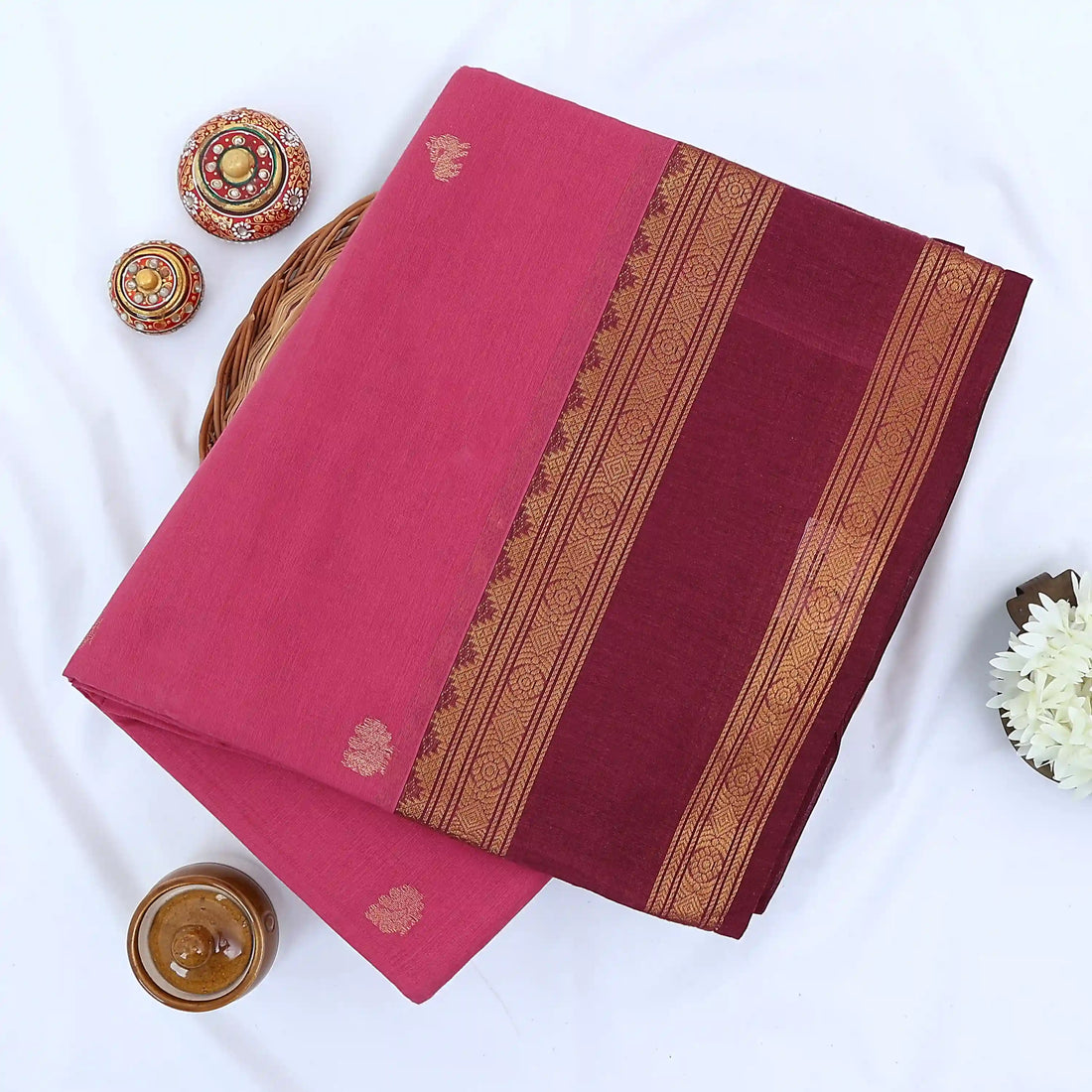 Pink Chettinad Cotton Sarees for Women | Office Wear Daily Wear & Special Occasion | Jeyachandran - Full View