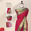 Chettinad cotton saree with pink body contrast green zari border and butta motifs front draped view on mannequin.