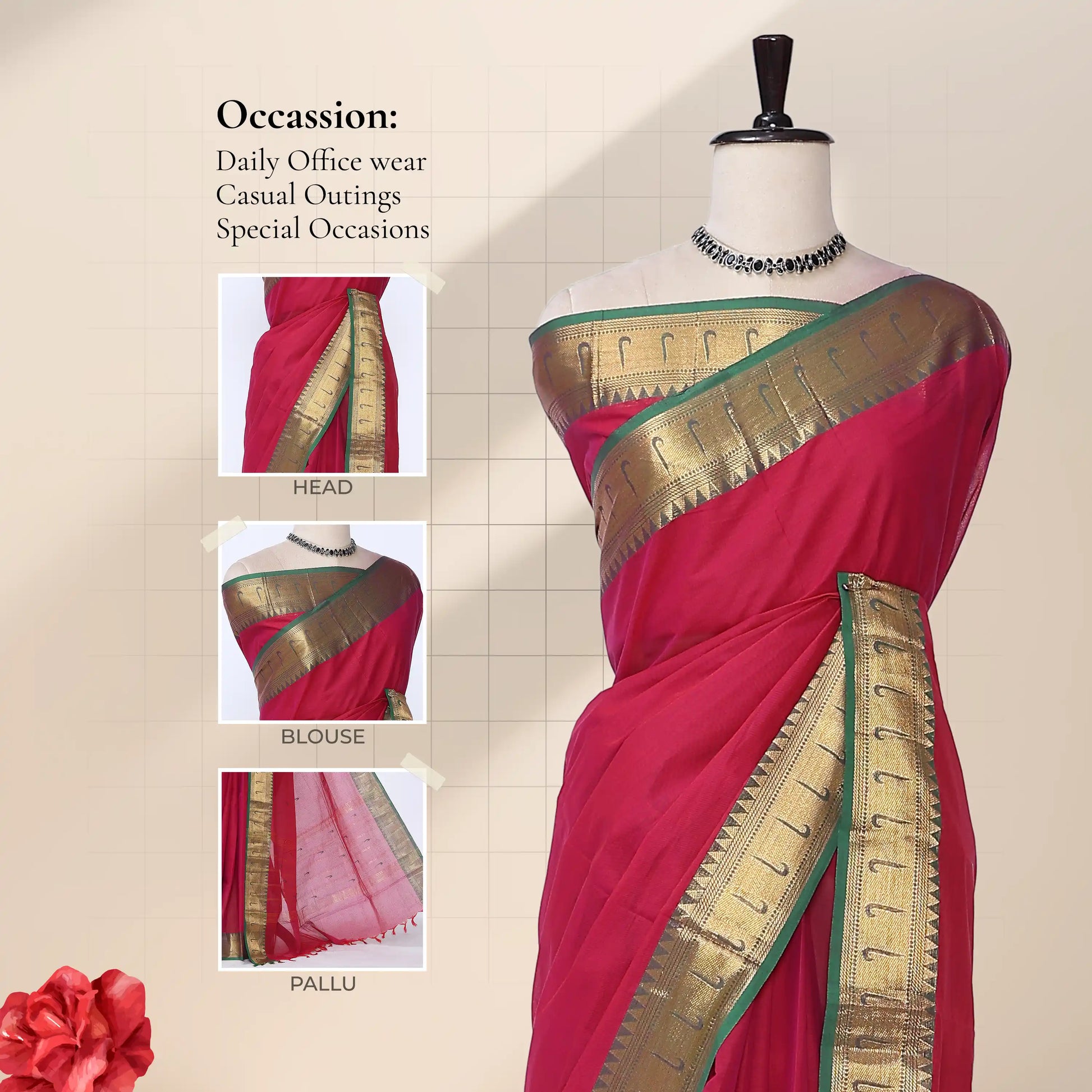 Chettinad cotton saree with pink body contrast green zari border and butta motifs front draped view on mannequin.