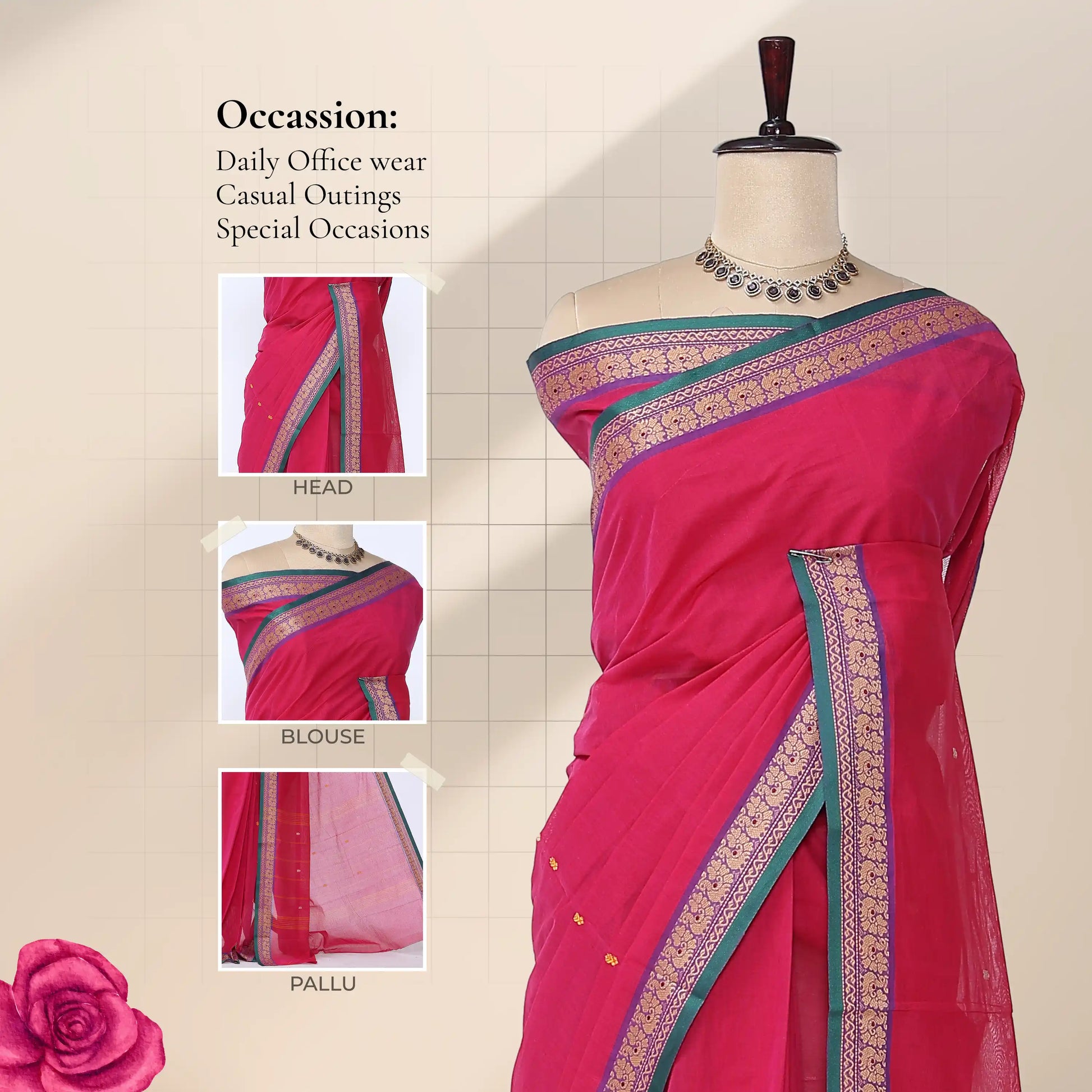 Chettinad cotton saree with pink plain body peacock zari border and butta motifs front draped view on mannequin.