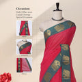 Chettinad cotton saree with checked body elephant zari border in pink and green front draped mannequin view.