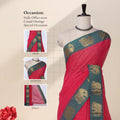 Chettinad cotton saree with checked body elephant zari border in pink and green front draped mannequin view.
