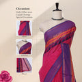 Chettinad cotton saree with pink and purple contrast border front view on mannequin with woven zari details.