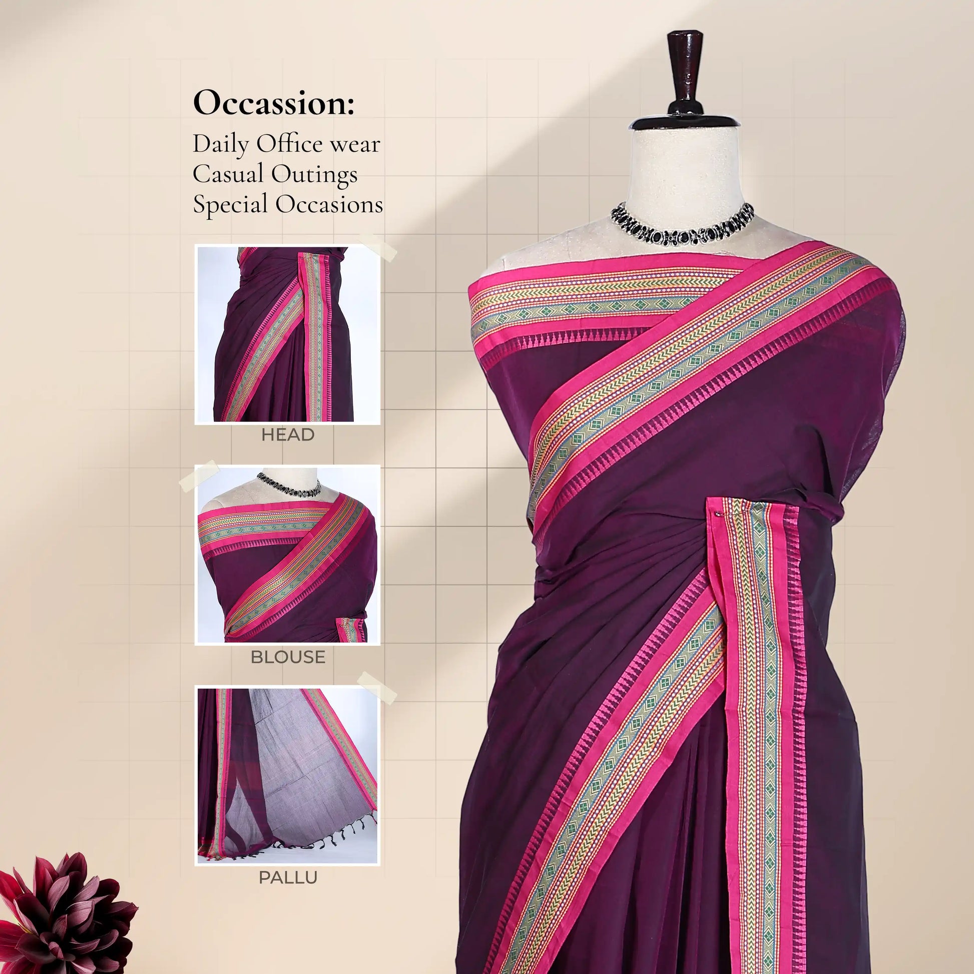 Chettinad cotton saree with multicolor temple woven border purple plain body front draped view on mannequin.