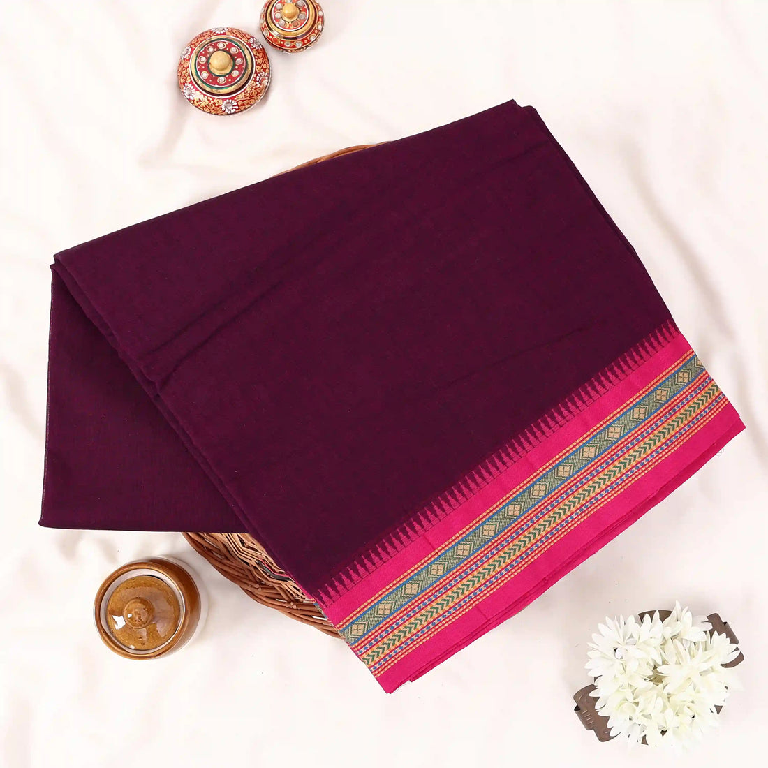 Purple Chettinad Cotton Sarees for Women | Office Wear Daily Wear & Special Occasion | Jeyachandran - Full View
