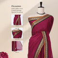 Chettinad cotton saree with purple plain body peacock zari border and butta motifs front draped view on mannequin.