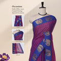 Chettinad cotton saree with checked body elephant zari border in purple and blue front draped mannequin view.
