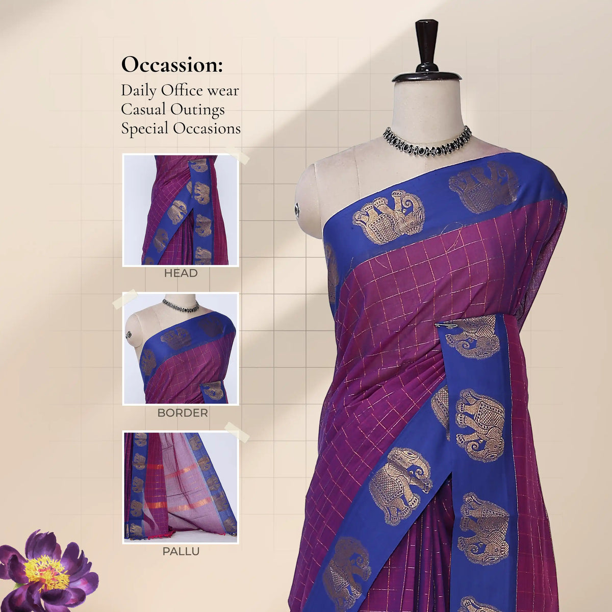 Chettinad cotton saree with checked body elephant zari border in purple and blue front draped mannequin view.