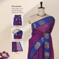 Chettinad cotton saree with checked body elephant zari border in purple and blue front draped mannequin view.