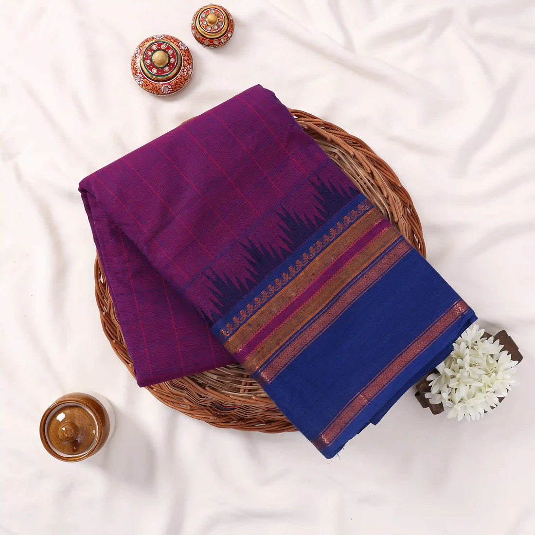 Purple Chettinad Cotton Sarees for Women | Office Wear Daily Wear & Special Occasion | Jeyachandran - Full View