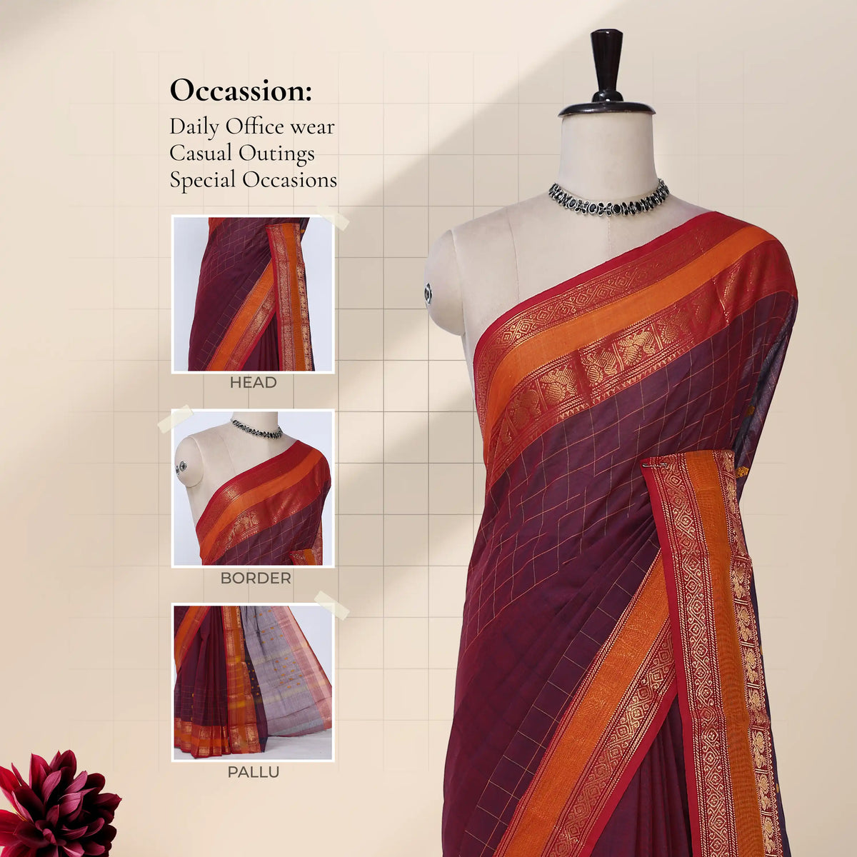 Chettinad cotton saree with checked body peacock zari woven border contrast pallu and front draped mannequin view.