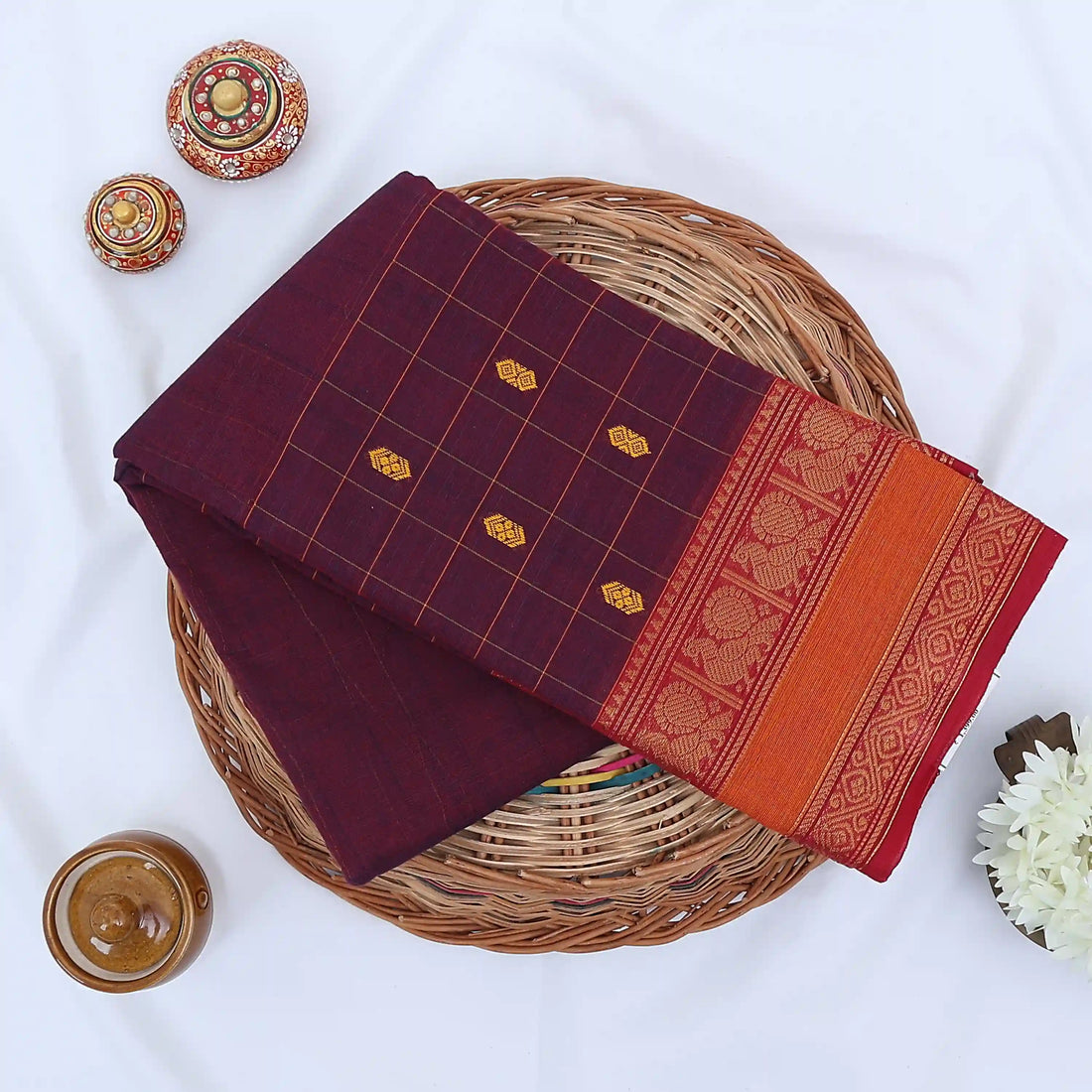 Purple Chettinad Cotton Sarees for Women | Office Wear Daily Wear & Special Occasion | Jeyachandran - Full View