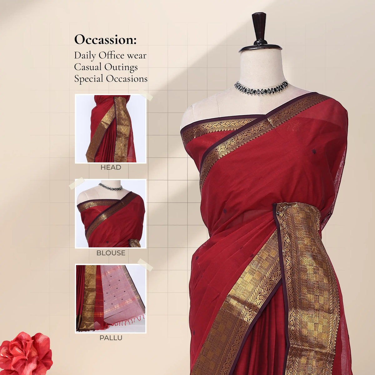 Chettinad cotton saree with red body contrast purple gold zari border and butta motifs front mannequin view