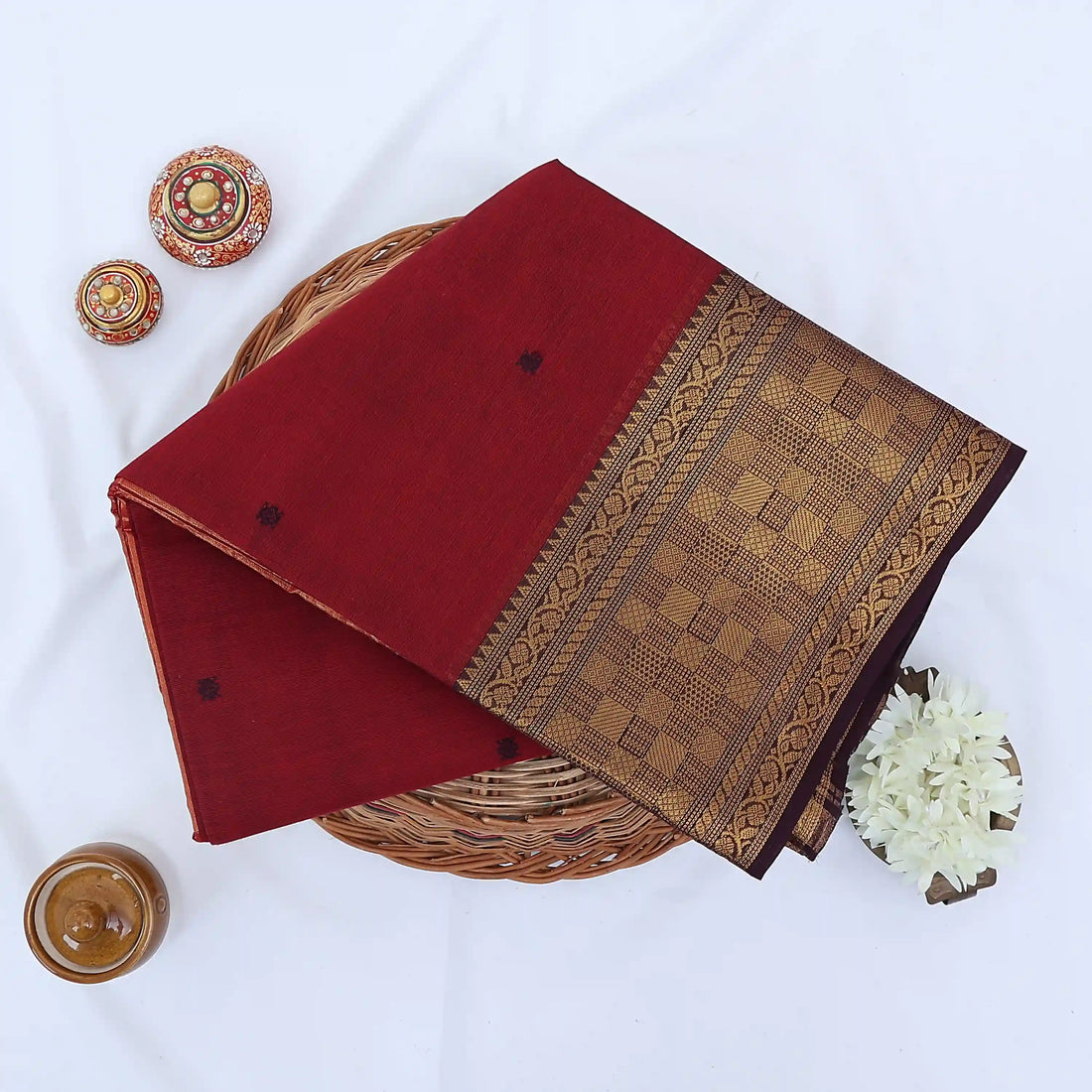 Red Chettinad Cotton Sarees for Women | Office Wear Daily Wear & Special Occasion | Jeyachandran - Full View