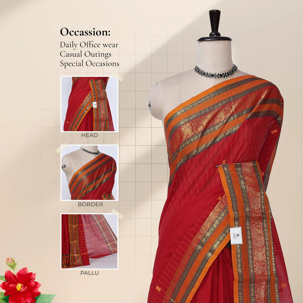Chettinad cotton saree with striped body peacock zari woven border red tone front draped mannequin view.