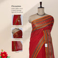 Chettinad cotton saree with striped body peacock zari woven border red tone front draped mannequin view.