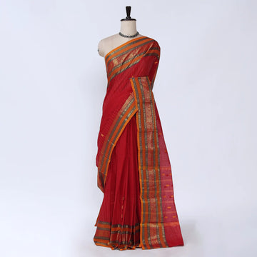 Red Chettinad Cotton Sarees for Women | Office Wear Daily Wear & Special Occasion | Jeyachandran - Full View
