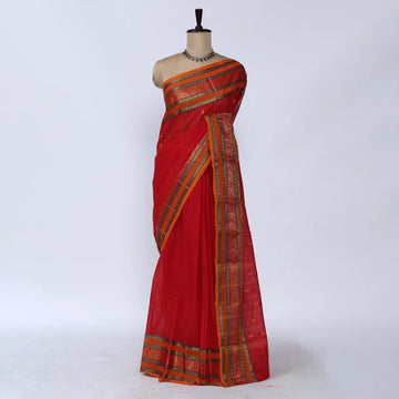 Red Chettinad Cotton Sarees for Women | Office Wear Daily Wear & Special Occasion | Jeyachandran - Full View