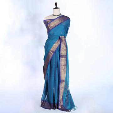Teal Chettinad Cotton Sarees for Women | Office Wear Daily Wear & Special Occasion | Jeyachandran - Full View