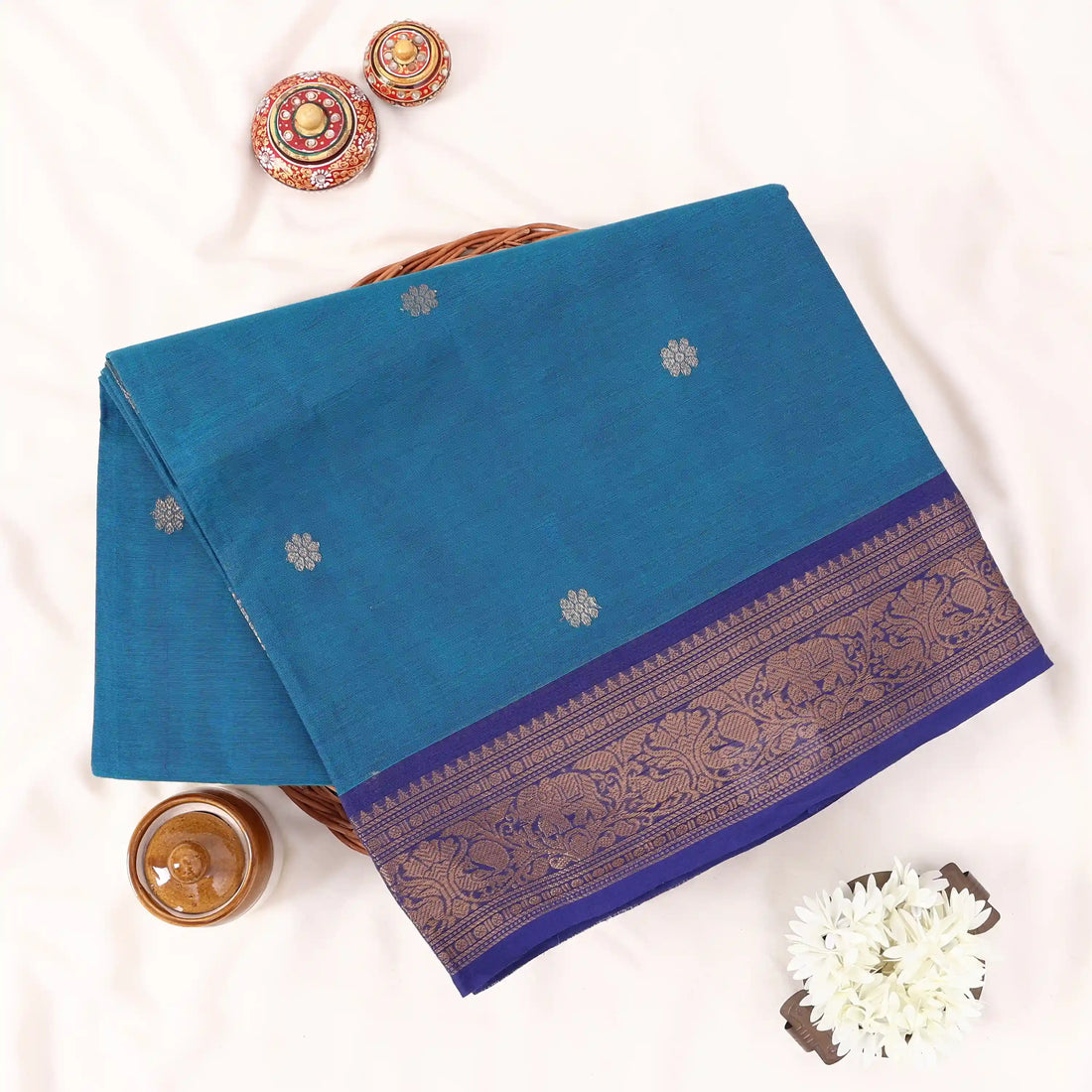 Teal Chettinad Cotton Sarees for Women | Office Wear Daily Wear & Special Occasion | Jeyachandran - Full View