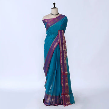 Teal Chettinad Cotton Sarees for Women | Office Wear Daily Wear & Special Occasion | Jeyachandran - Full View