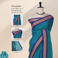 Chettinad cotton saree with multicolor temple woven border purple plain body front draped view on mannequin.