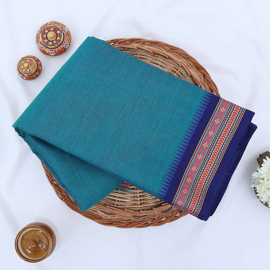 Teal Chettinad Cotton Sarees for Women | Office Wear Daily Wear & Special Occasion | Jeyachandran - Full View