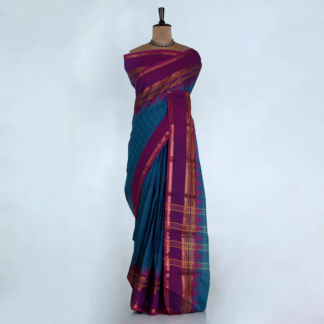 Teal Chettinad Cotton Sarees for Women | Office Wear Daily Wear & Special Occasion | Jeyachandran - Full View