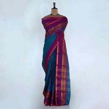 Teal Chettinad Cotton Sarees for Women | Office Wear Daily Wear & Special Occasion | Jeyachandran - Full View