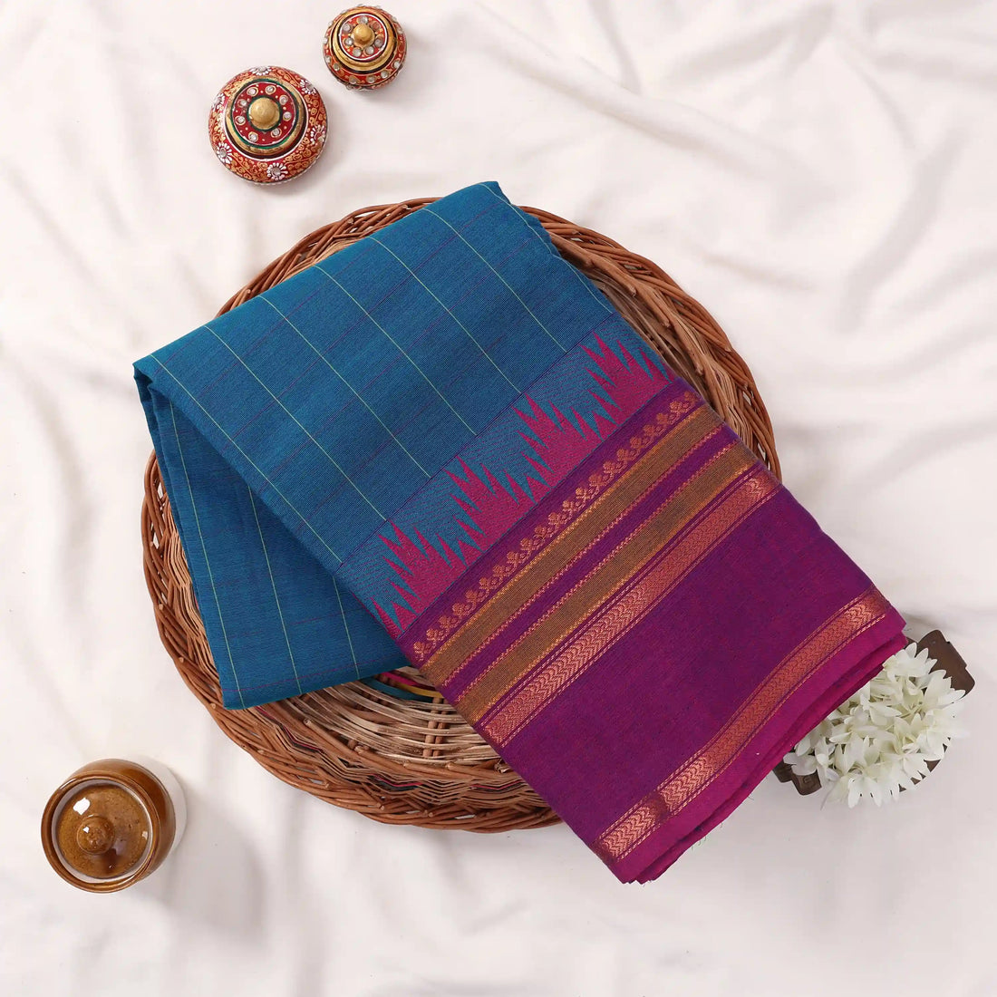 Teal Chettinad Cotton Sarees for Women | Office Wear Daily Wear & Special Occasion | Jeyachandran - Full View
