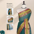Chettinad cotton saree with checked body peacock zari woven border contrast pallu and front draped mannequin view.
