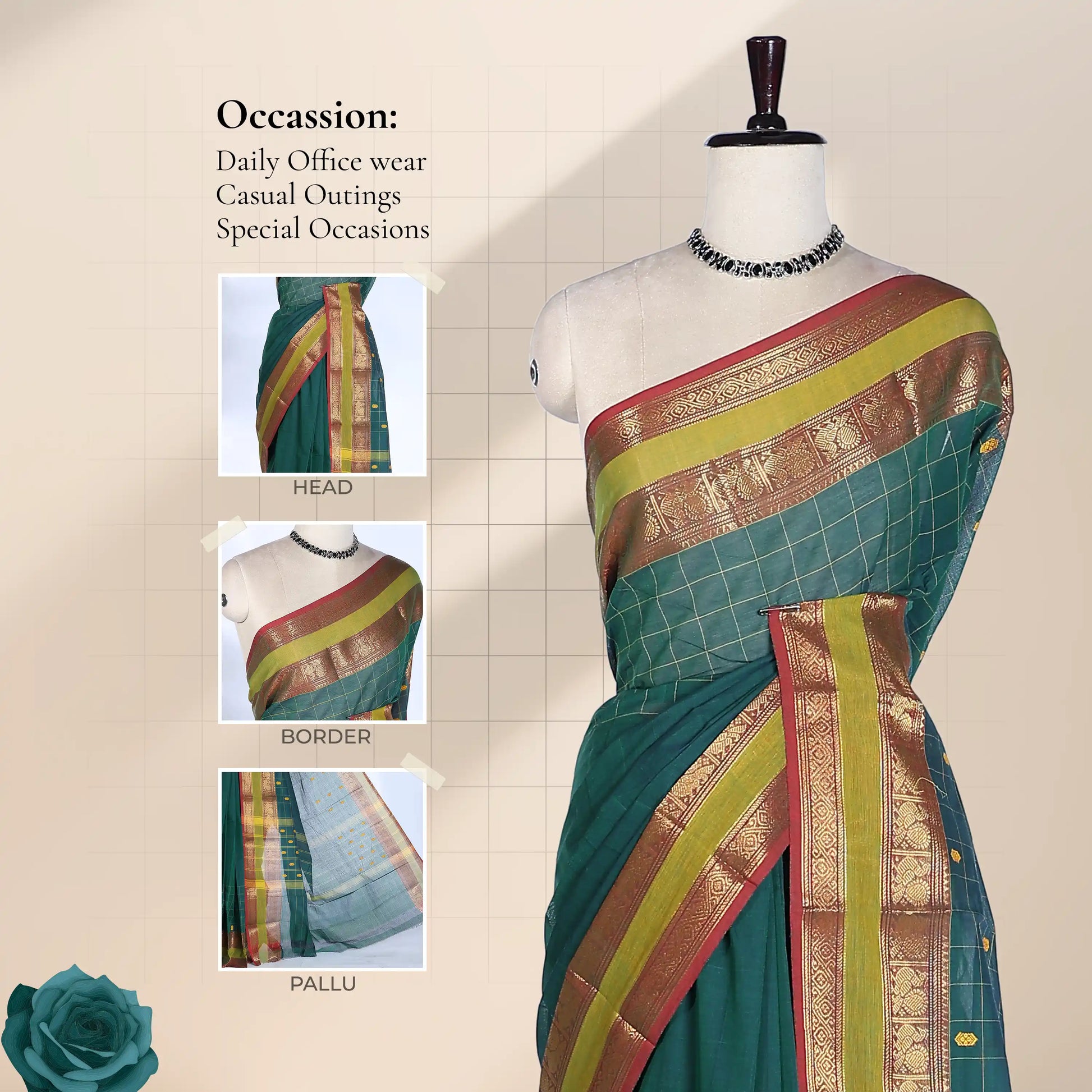Chettinad cotton saree with checked body peacock zari woven border contrast pallu and front draped mannequin view.